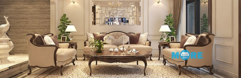 Sofa tân cổ điển MS-020 gỗ tự nhiên Óc chó, bọc da thật nhập khẩu cho chung cư, biệt thự sang trọng Nội thất sofa phòng khách đẹp, tiện nghi