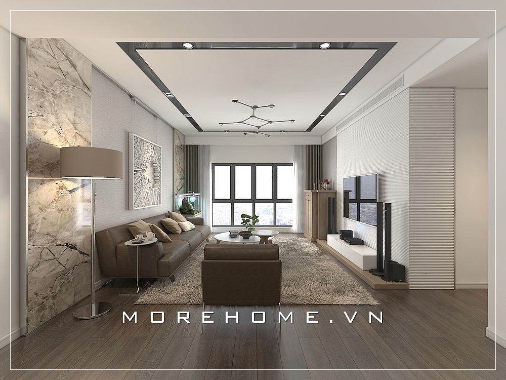 Phòng khách căn hộ chung cư vừa thoáng đãng tiện lợi lại sang trọng đẳng cấp với bộ sofa hiện đại bọc da màu nâu cao cấp thiết kế kiểu dáng văng gọn gàng. Nội thất sofa phòng khách đẹp, tiện nghi