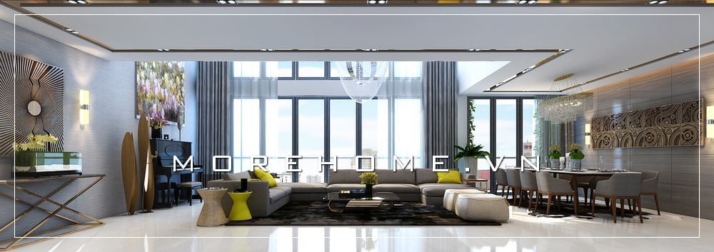 Mẫu sofa phòng khách hiện đại, thiết kế kiểu dáng chữ U bọc vải màu xám tạo cảm giác ấm cúng, sang trọng cho không gian phòng khách chung cư thông tầng cao cấp Nội thất sofa phòng khách đẹp, tiện nghi