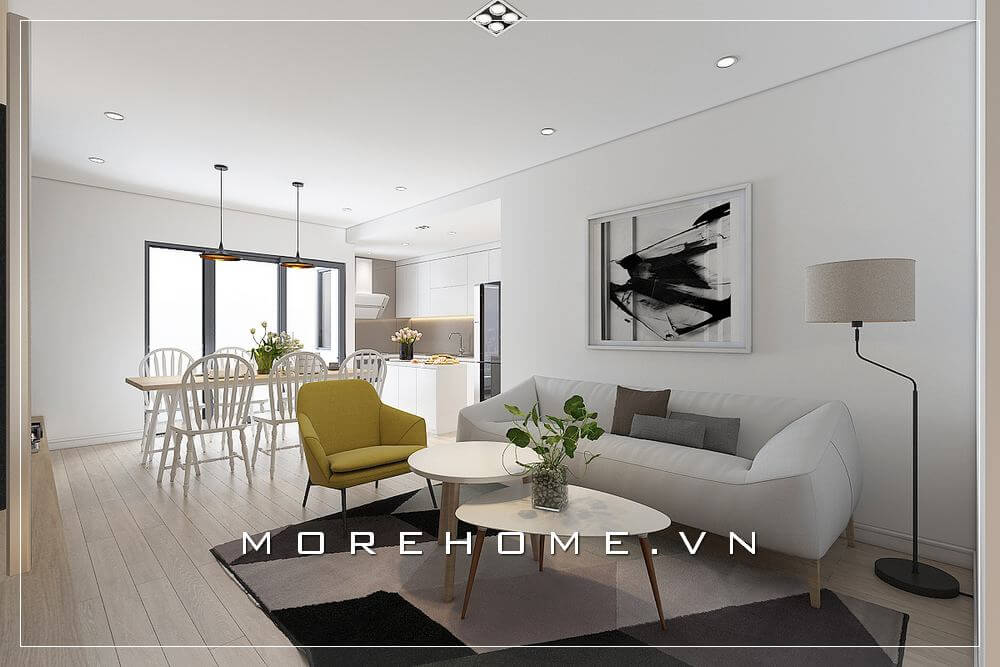 Không gian phòng khách chung cư đầy thu hút với tâm điểm là bộ sofa hiện đại kiểu văng tiện lợi cùng vỏ bọc da sắc trắng độc đáo. Nội thất sofa phòng khách đẹp, tiện nghi