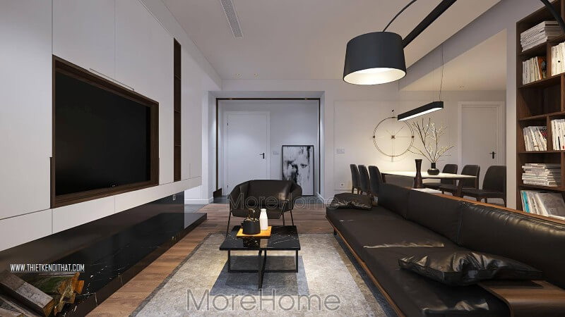 Điểm nhấn của phòng khách này là bộ sofa da gỗ màu đen cao cấp tạo điểm nổi bật giữa căn phòng với tông màu trắng làm chủ đạo sofa phòng khách