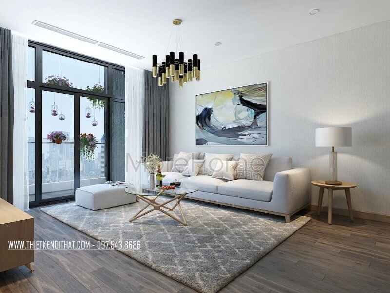 Mẫu sofa vải chân gỗ màu trắng là sự lựa chọn mà KTS và gia chủ thích mang đến điểm nhấn không thể rời mắt cho không gian. sofa phòng khách