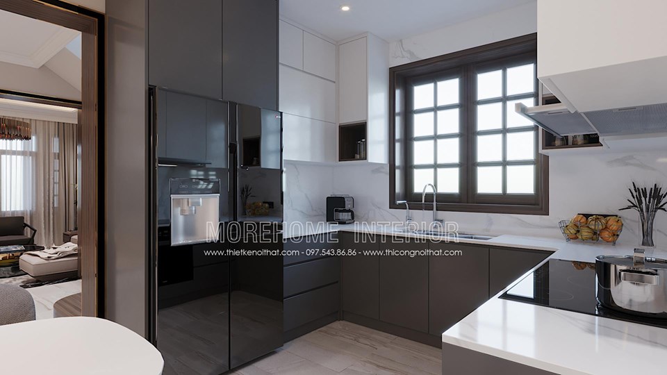 Thiết kế nội thất phòng bếp hiện đại với tông màu đối xứng kết hợp