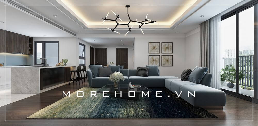 Bộ sofa đẹp màu xanh ghi tạo điểm nhấn nổi bật trong mẫu thiết kế phòng khách chung cư sang trọng này. sofa hiện đại