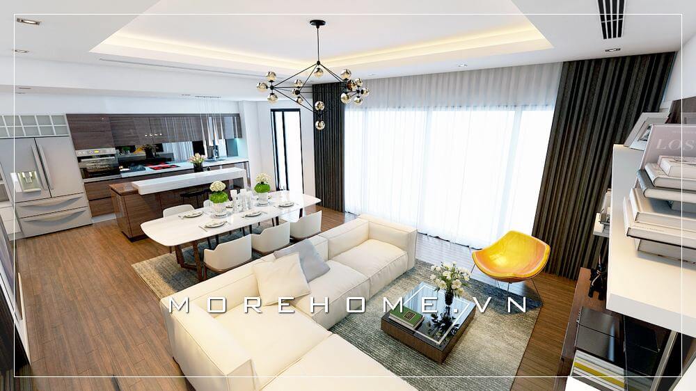 Nổi bật giữa phòng khách căn hộ là thiết kế sofa hiện đại kiểu dáng góc tiện lợi với vỏ bọc vải êm ái đầy ấn tượng. sofa hiện đại