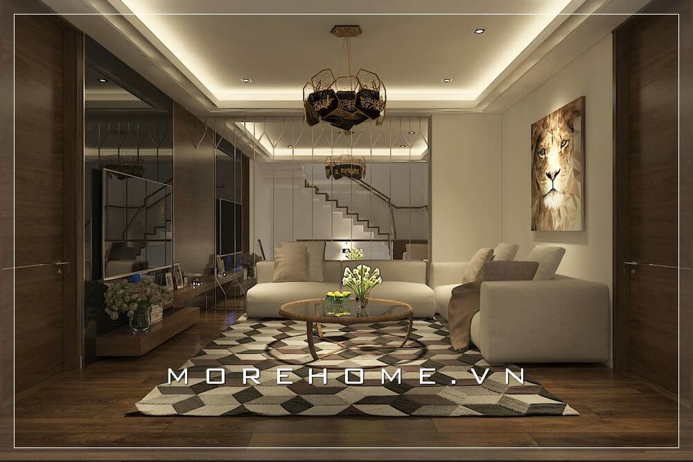 Mẫu sofa phòng khách hiện đại, sử dụng chất liệu vải bọc màu kem ấn tượng cho không gian tiếp khách và sinh hoạt sang trọng sofa hiện đại