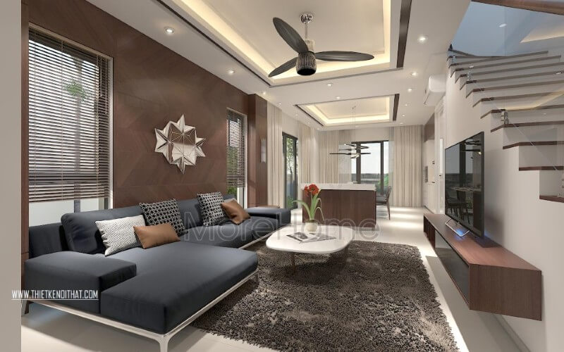 Thiết kế sofa phòng khách chung cư hiện đại, đơn giản, tone màu ghi tối kết hợp hài hòa với sắc nâu ấm áp và tone màu nền trắng tinh tế sofa phòng khách