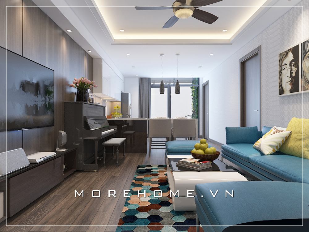 Không gian phòng khách chung cư được tiết kiệm tối đa với mẫu sofa kiểu góc tiện lợi và phong cách hiện đại trẻ trung vừa độc đáo với tone xanh đầy sức sống. sofa phòng khách