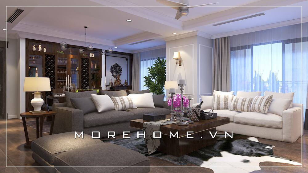 Mẫu sofa được thiết kế theo phong cách hiện đại trẻ trung với vỏ bọc vải tone xám đang là lựa chọn ấn tượng cho phòng khách chung cư thêm thu hút. sofa phòng khách