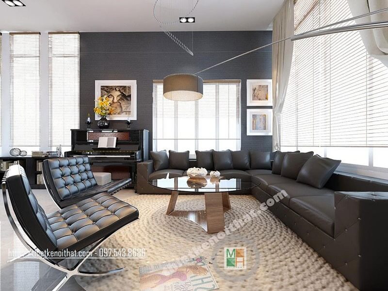 Nội thất sofa chữ L bọc da cho phòng khách với tone màu nâu đen hiện đại, sang trọng Tổng hợp những mẫu thiết kế sofa phòng khách đẹp nhất