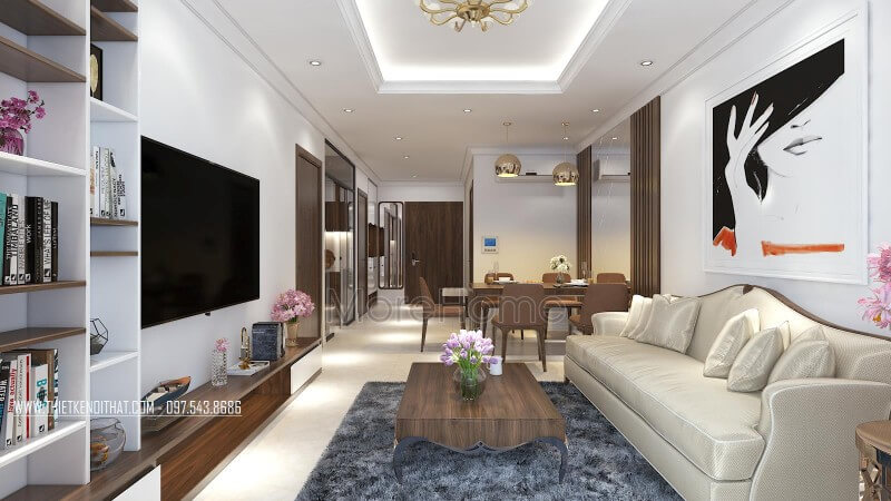 Phòng khách của căn hộ nổi bật với mẫu sofa da gỗ kết hợp bàn trà gỗ tự nhiên cao cấp BST các mẫu thiết kế sofa phòng khách tiện nghi