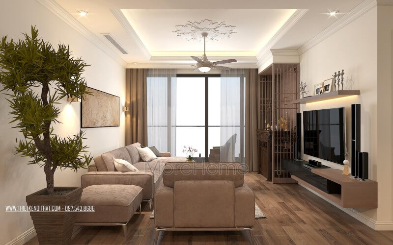 Phòng khách căn hộ thiết kế với bộ sofa nỉ chữ L màu xám được đặt ở không gian phòng khách rộng lớn là điểm nhấn ấn tượng tăng thêm sự sang trọng cho không gian Gợi ý các mẫu thiết kế sofa phòng khách hot nhất