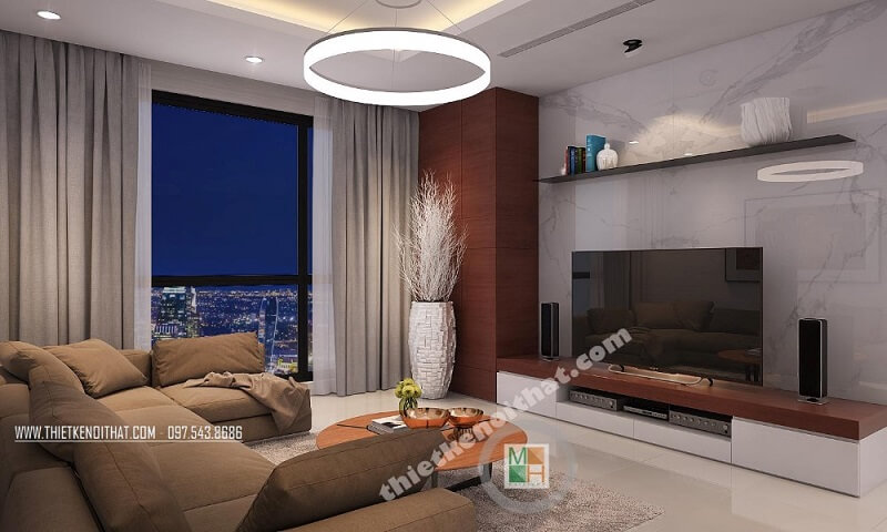 Mẫu thiết kế nội thất chung cư cao cấp theo phong cách hiện đại với màu nền trắng trang nhã mang đến cảm giác gần gũi, ấm cúng Thiết kế chung cư