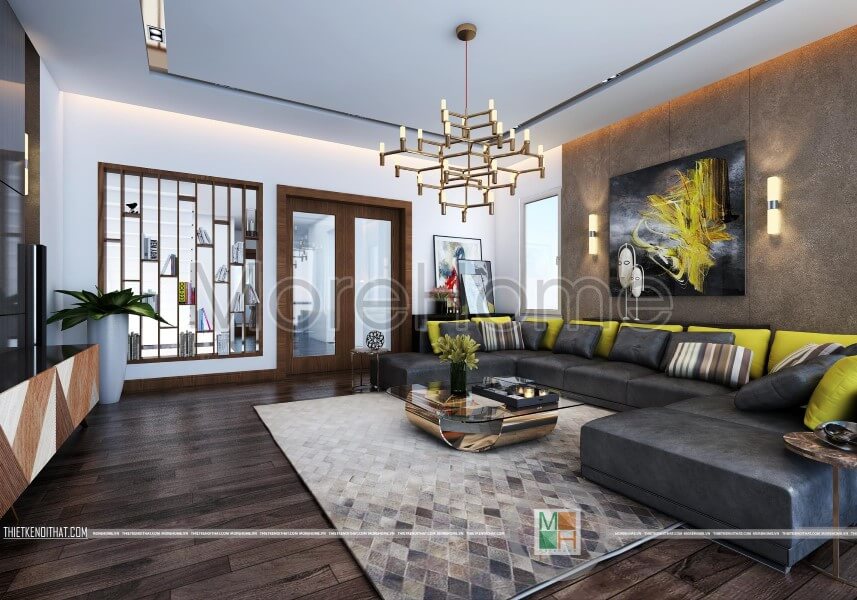Mẫu sofa hiện đại bọc da với gam màu xám cho phòng khách giảm bớt được lượng ánh sáng từ ngoài, giúp chung hòa được không gian trong phòng Các xu hướng thiết kế kệ tivi phòng khách đẹp nhất