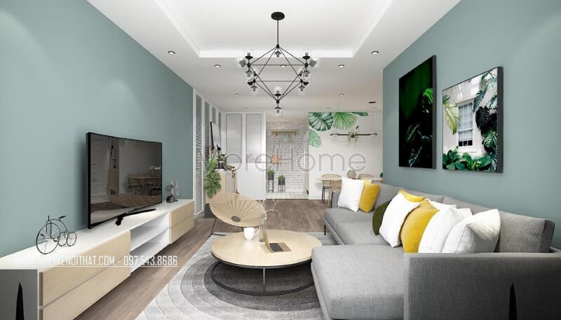 Sofa chữ I bọc nỉ Bỉ cao cấp kết hợp cùng một chiếc bàn trà gỗ nhỏ tròn chân sắt được kê ngay chính giữa nền thảm trải sàn hình họa tiết đồng tâm tạo được sự tập trung của người nhìn ở không gian phòng khách Các xu hướng thiết kế kệ tivi phòng khách đẹp nhất