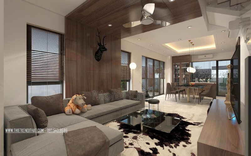 Bộ sofa chữ L vừa khít không gian, gợi mở một không gian thiết kế nội thất phòng khách biệt thự gọn gàng, ngăn nắp mẫu sofa hiện đại đẹp cho phòng khách