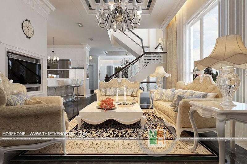 Mẫu sofa phòng khách tone màu vàng với họa tiết tân cổ điển, cùng đường cong ở thân ghế tinh tế là điểm nhấn cho không gian phòng khách Chia sẻ những mẫu thiết kế sofa phòng khách đẹp nhất