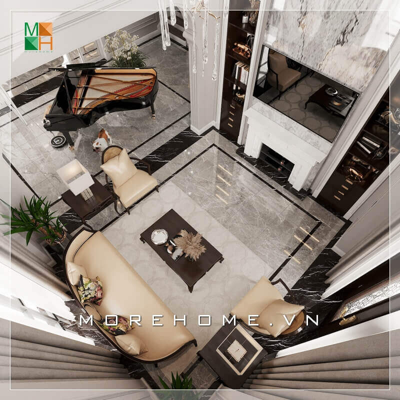 Bộ bàn ghế sofa phòng khách bọc da chân gỗ sang trọng thể hiện sự đẳng cấp cho ngôi nhà có phòng khách rộng. Các ý tưởng thiết kế sofa phòng khách tiện nghi