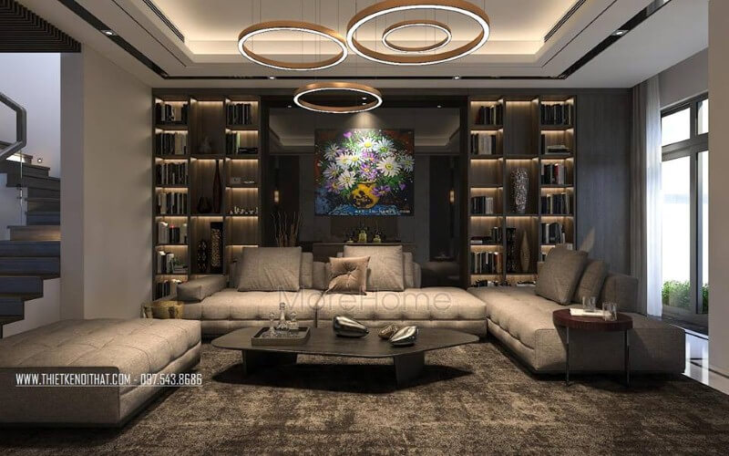 Bộ sofa da cao cấp tone nâu sang trọng, ấm áp với các nút thắt tỉ mỉ tinh tế xứng đáng là trung tâm nội thất phòng khách biệt thự. Tham khảo các mẫu thiết kế sofa phòng khách đa phong cách