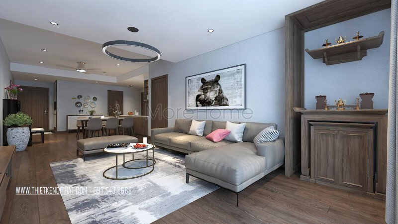 Thiết kế bộ sofa chữ L, chất liệu da màu xám lông chuột làm điểm nhấn cho không gian phòng khách mang đến sự sang trọng nhất định cho không gian này. Các mẫu sofa phòng khách đẹp nhất