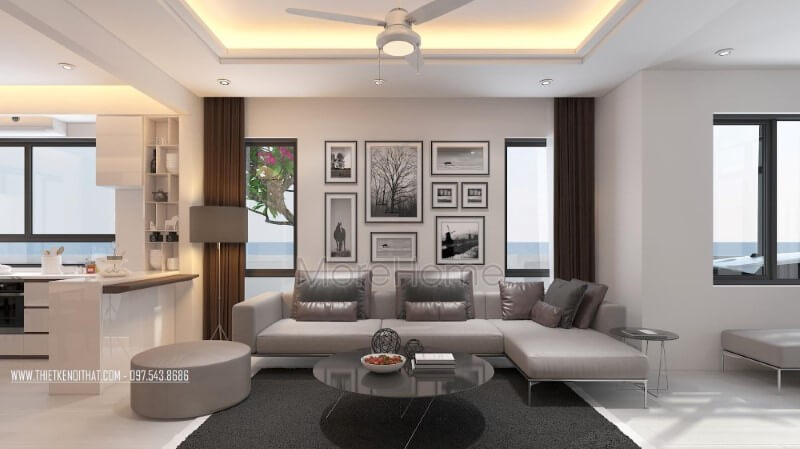 Ấn tượng với thiết kế sofa hiện đại kiểu dáng góc tiện lợi cùng tone màu xám bóng sang trọng của chất liệu da cao cấp của phòng khách nhà phố. Các mẫu sofa phòng khách đẹp nhất