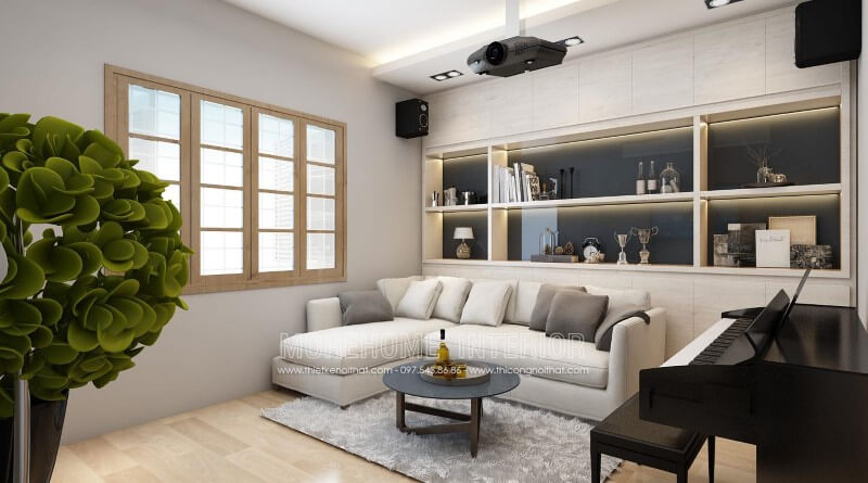 Thiết kế mẫu sofa góc L bọc da màu trắng sang trọng, tạo điểm nhấn. Thiết kế chung cư